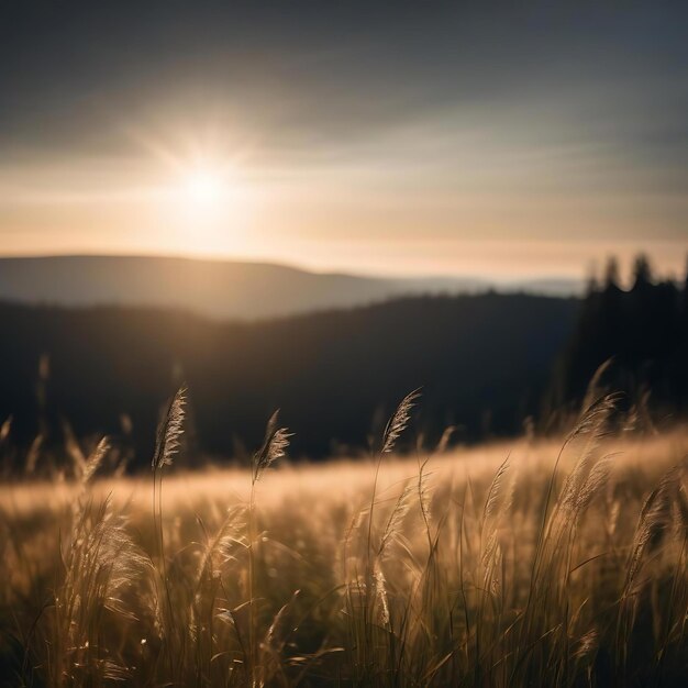 een veld van gras met de zon erachter