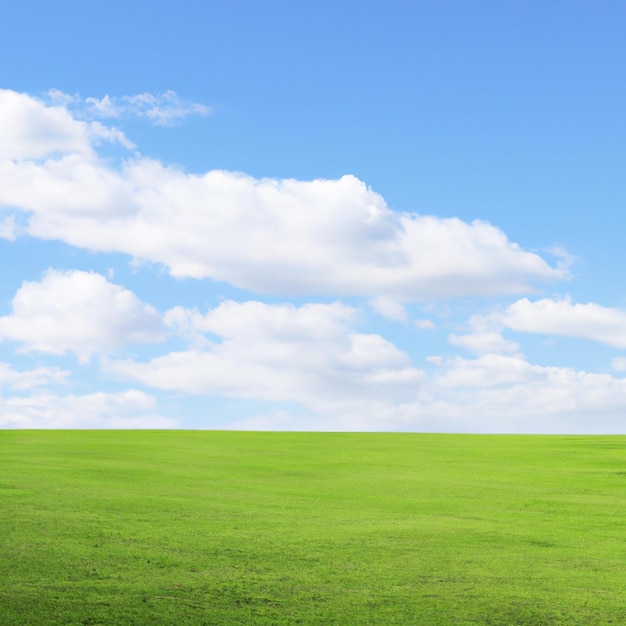 Een veld van groen gras met een blauwe lucht en wolken