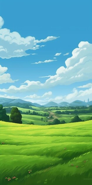 Een veld van groen gras met een blauwe lucht en wolken