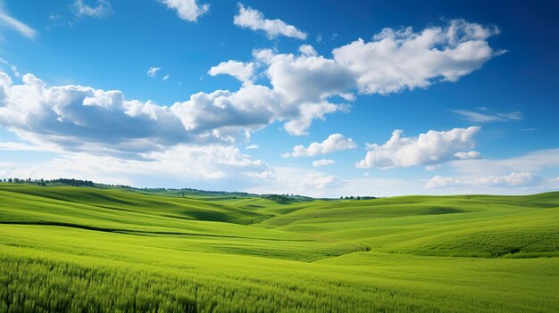 Een veld van groen gras onder een blauwe hemel Generatieve Ai