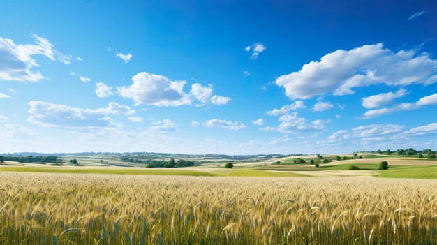 Een veld van groen gras onder een blauwe hemel Generatieve Ai