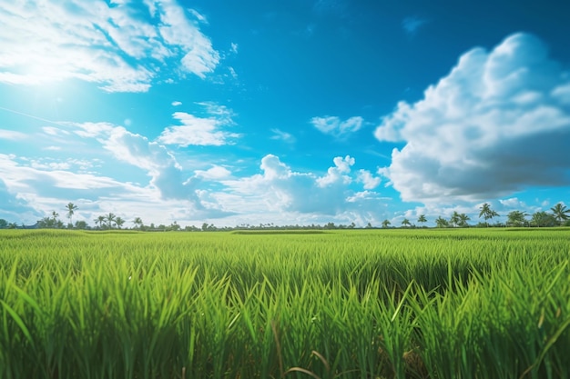Een veld van groene padie met een blauwe lucht en wolken Landbouw concept