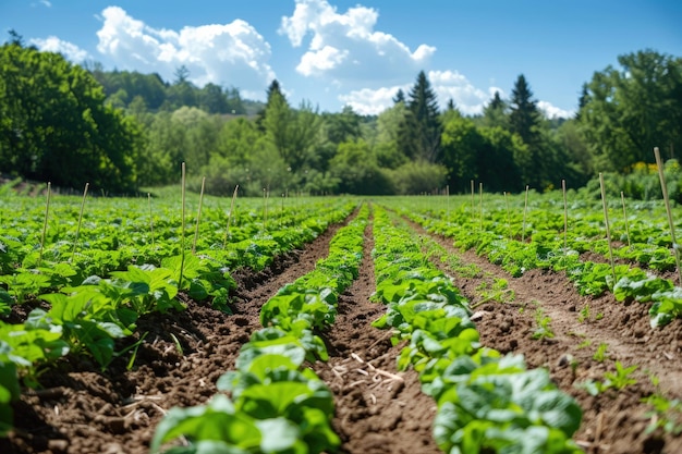 Een veld van groene planten met bomen op de achtergrond