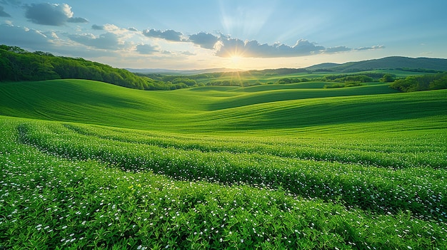 een veld van groene tarwe met de zon die door de wolken schijnt