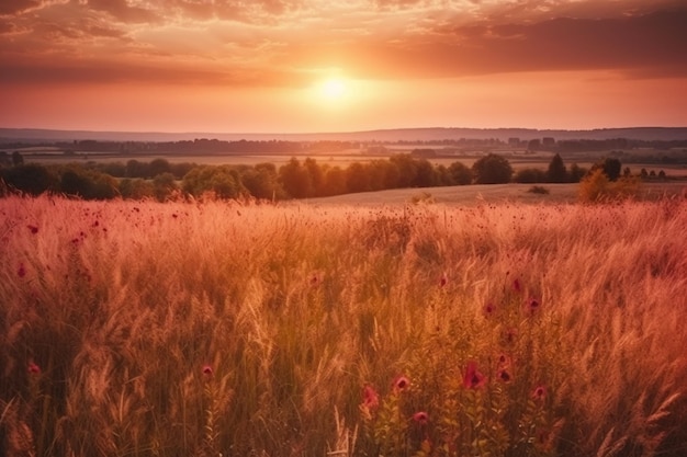 Een veld van hoog gras met een zonsondergang op de achtergrond