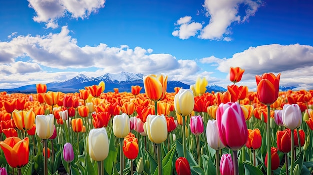 een veld van kleurrijke tulpen met bergen op de achtergrond.