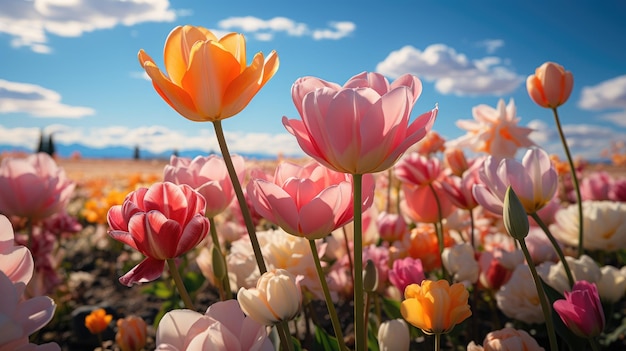 Een veld van kleurrijke tulpen.