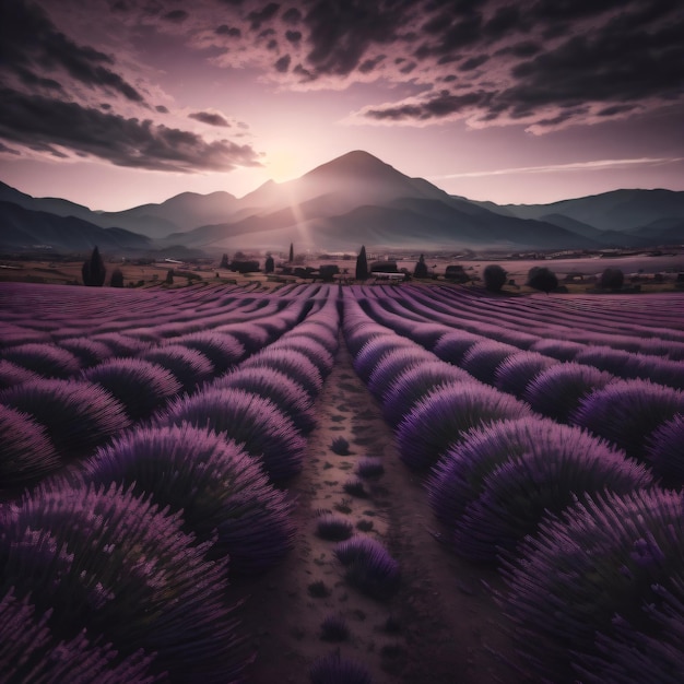 Een veld van lavendel met een berg op de achtergrond.