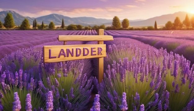 Foto een veld van lavendel met een houten bord