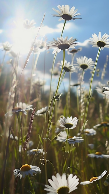 Een veld van madeliefjes met de zon die schijnt