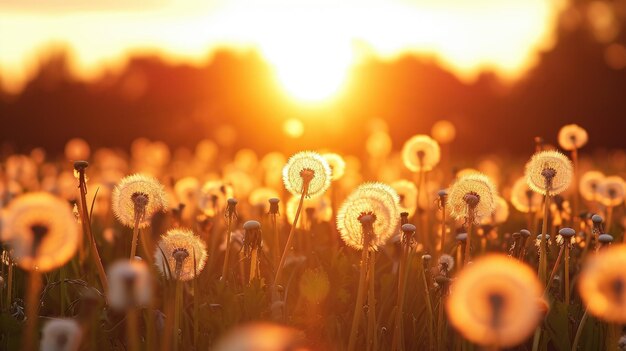 Foto een veld van paardenbloemen met de zon achter hen.