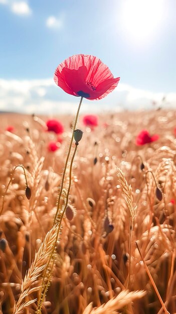 Een veld van rode papaver met de zon die erop schijnt