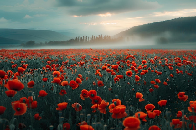 Een veld van rode papaver op een mistige dag