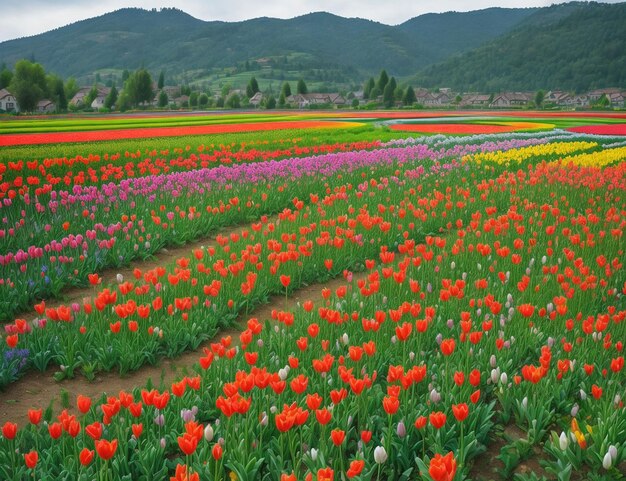 een veld van tulpen in verschillende kleuren hun en groener plaats