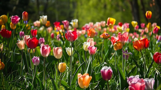 Een veld van tulpen in volle bloei de tulpen zijn van verschillende kleuren waaronder rood roze geel en paars