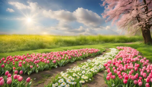 Foto een veld van tulpen met een hemel op de achtergrond