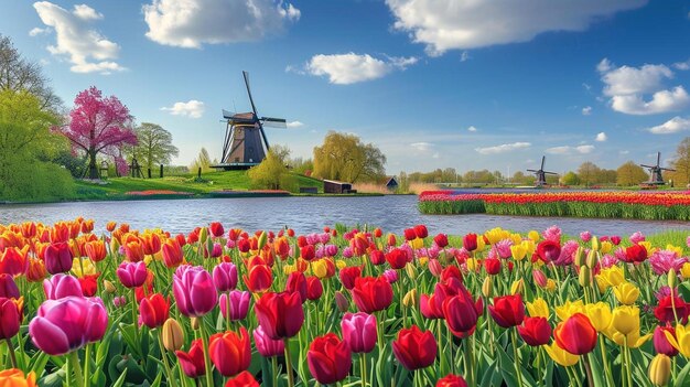 een veld van tulpen met een windmolen op de achtergrond