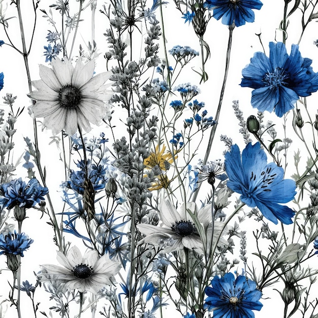 een veld van wilde bloemen met de woorden blauw op de bodem