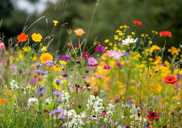 een veld van wilde bloemen met een rode bloem in het midden