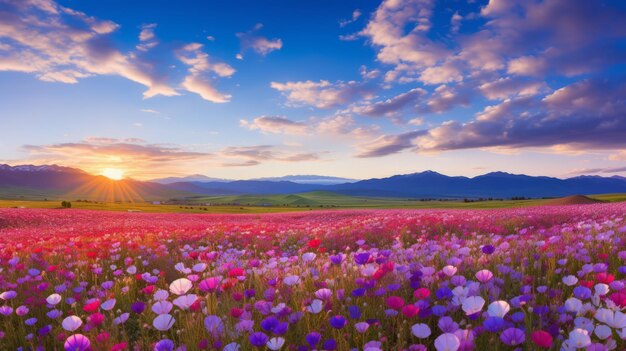 Een veld van wilde bloemen strekt zich eindeloos uit.