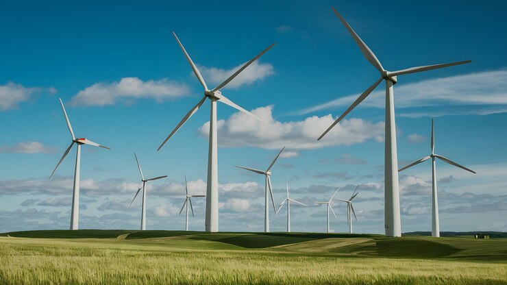 Foto een veld van windturbines met de woorden wind op de bodem