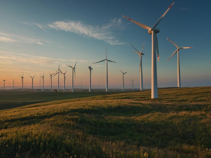 Foto een veld van windturbines met de zon achter hen ondergaan