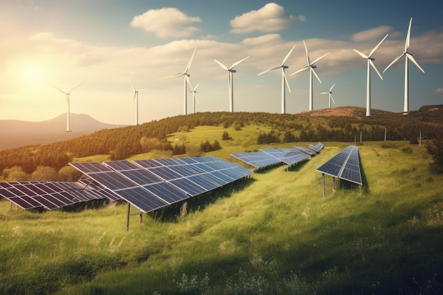 Een veld van windturbines met zonnepanelen op de voorgrond.