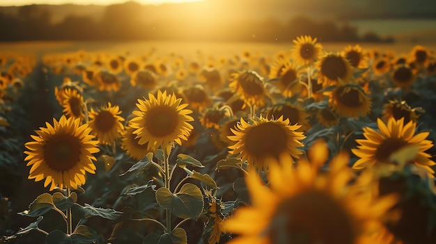 Een veld van zonnebloemen in volle bloei de zonneblommen staan tegenover de zon die op de achtergrond ondergaat