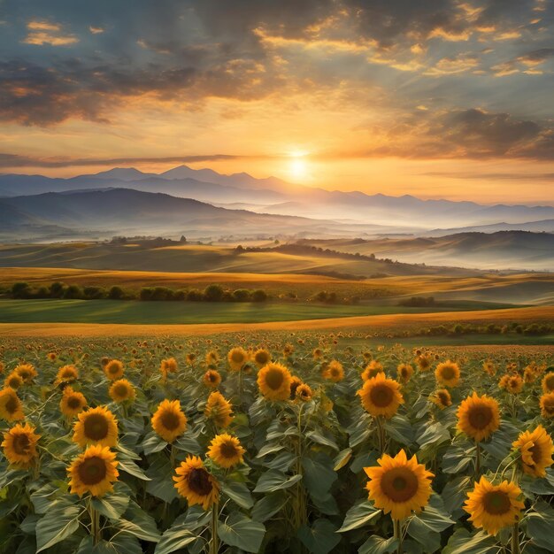 Foto een veld van zonnebloemen met bergen op de achtergrond