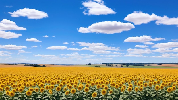 een veld van zonnebloemen met een blauwe hemel en wolken op de achtergrond
