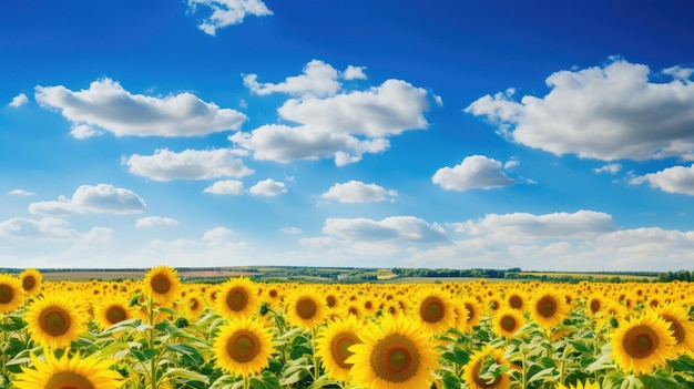 een veld van zonnebloemen met wolken in de lucht