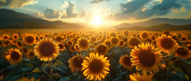 Een veld van zonnebloemen tegenover de zon