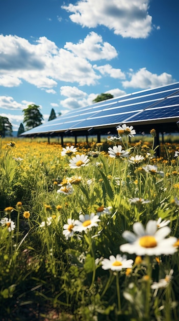 Een veld van zonnepanelen die in het zonlicht glinsteren en de energieopwekking illustreren