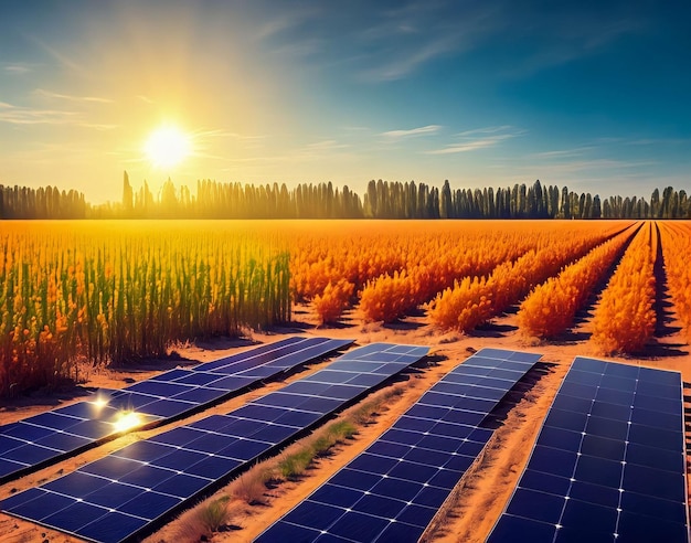 Een veld van zonnepanelen met een zonsondergang op de achtergrond.