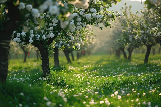 Een veld vol bomen en witte bloemen die een levendige en levendige natuurlijke omgeving creëren Een boomgaard met appelbomen in volle bloei