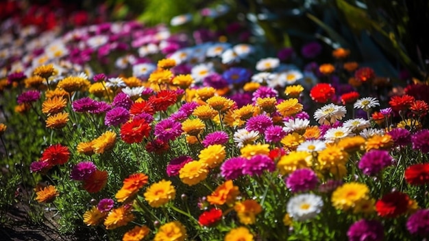 Een veld vol kleurrijke bloemen in de zon.