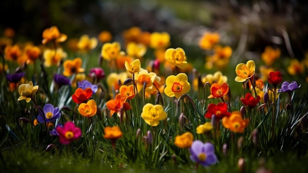 Een veld vol kleurrijke bloemen met het woord lente erop