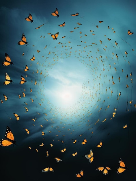 Foto een veld vol vlinders in de lucht