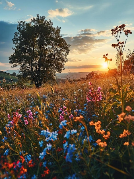 Foto een veld vol wilde bloemen met een zonsondergang op de achtergrond