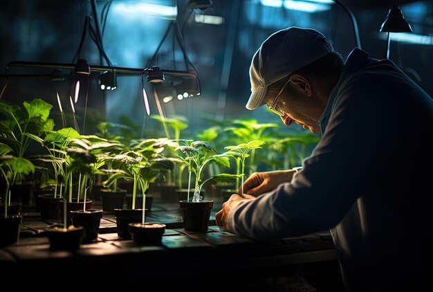 een veldwerker maakt in een laboratorium van een plant zaaddoppen in de stijl van licht hemelsblauw en donkergroen