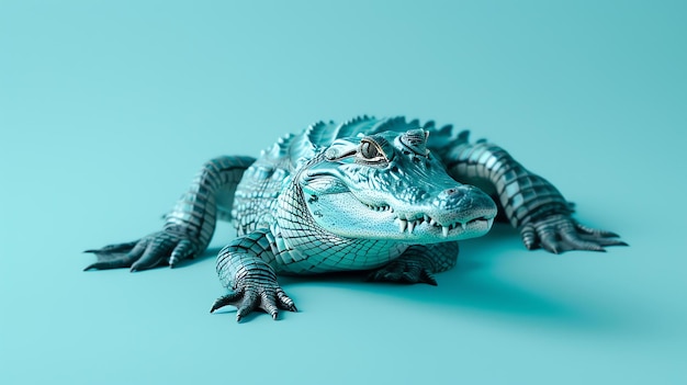 Foto een verbazingwekkend gedetailleerde 3d-weergave van een blauwe alligator. de alligator is gekropen op een solide blauwe achtergrond, zijn hoofd licht naar rechts gedraaid.