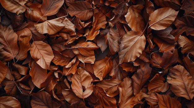 Een verbazingwekkende close-up van een stapel gevallen bruine bladeren De bladeren bevinden zich in verschillende stadia van verval, sommige nog groen en andere helemaal bruin.