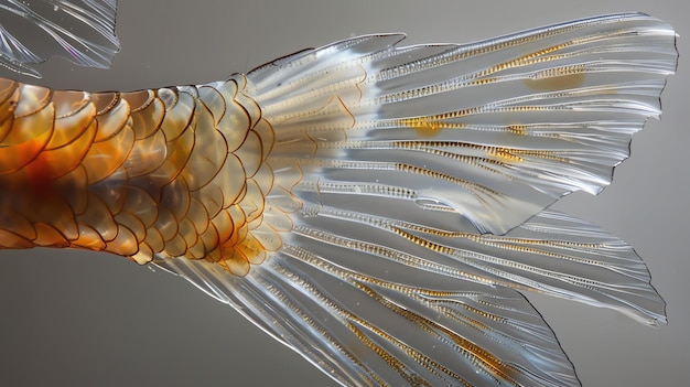 Foto een verbazingwekkende close-upfoto van de staart van een betta-vis die de ongelooflijke details en schoonheid van de schubben en vinnen toont