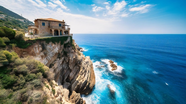 Een verbluffend beeld van een betoverende zomervilla, dramatisch gelegen op een klif met adembenemend uitzicht op de oceaan