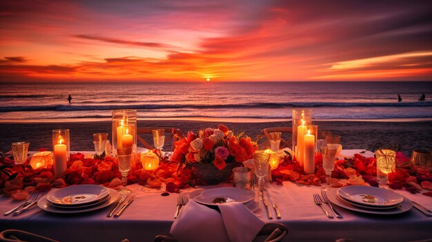 Een verbluffend beeld van een uitgebreid diner aan het strand dat een sfeer van verfijning en verwennerij uitstraalt te midden van een spectaculaire zomerzonsondergang