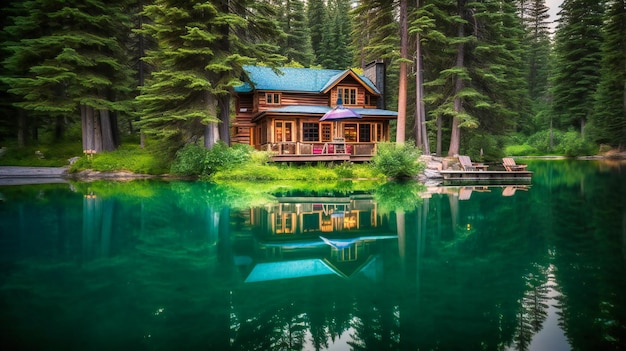 Een verbluffend beeld van een verfijnde hut aan het meer die rust uitstraalt en de belichaming is van een luxe zomervakantie