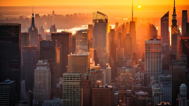 Een verbluffend beeld van hoogbouw tegen de lucht tijdens het gouden uur met de skyline van de stad