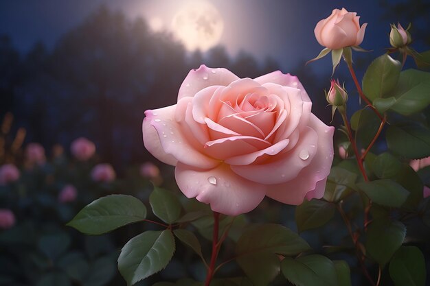 Een verbluffend HD-beeld van een roos verlicht door het zachte etherische licht van de maan