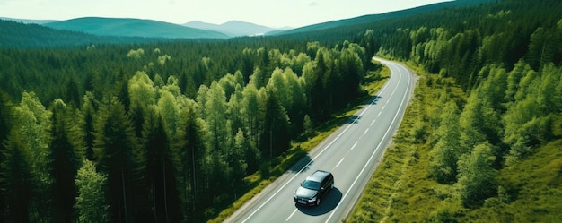 Een verbluffend luchtbeeld van een auto in een serene AiGenerated Forest omgeving