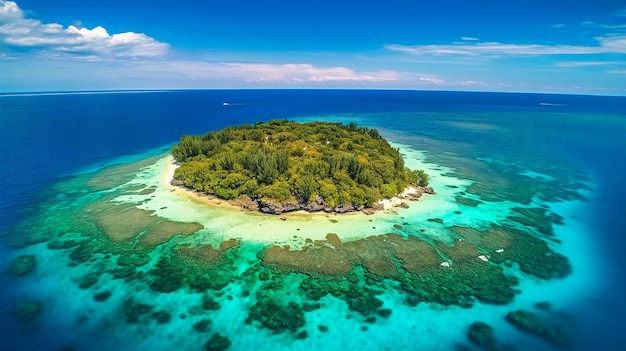 Een verbluffend luchtfoto van een afgelegen eilandparadijs dat een gevoel van sereniteit, afzondering en natuurlijke schoonheid oproept